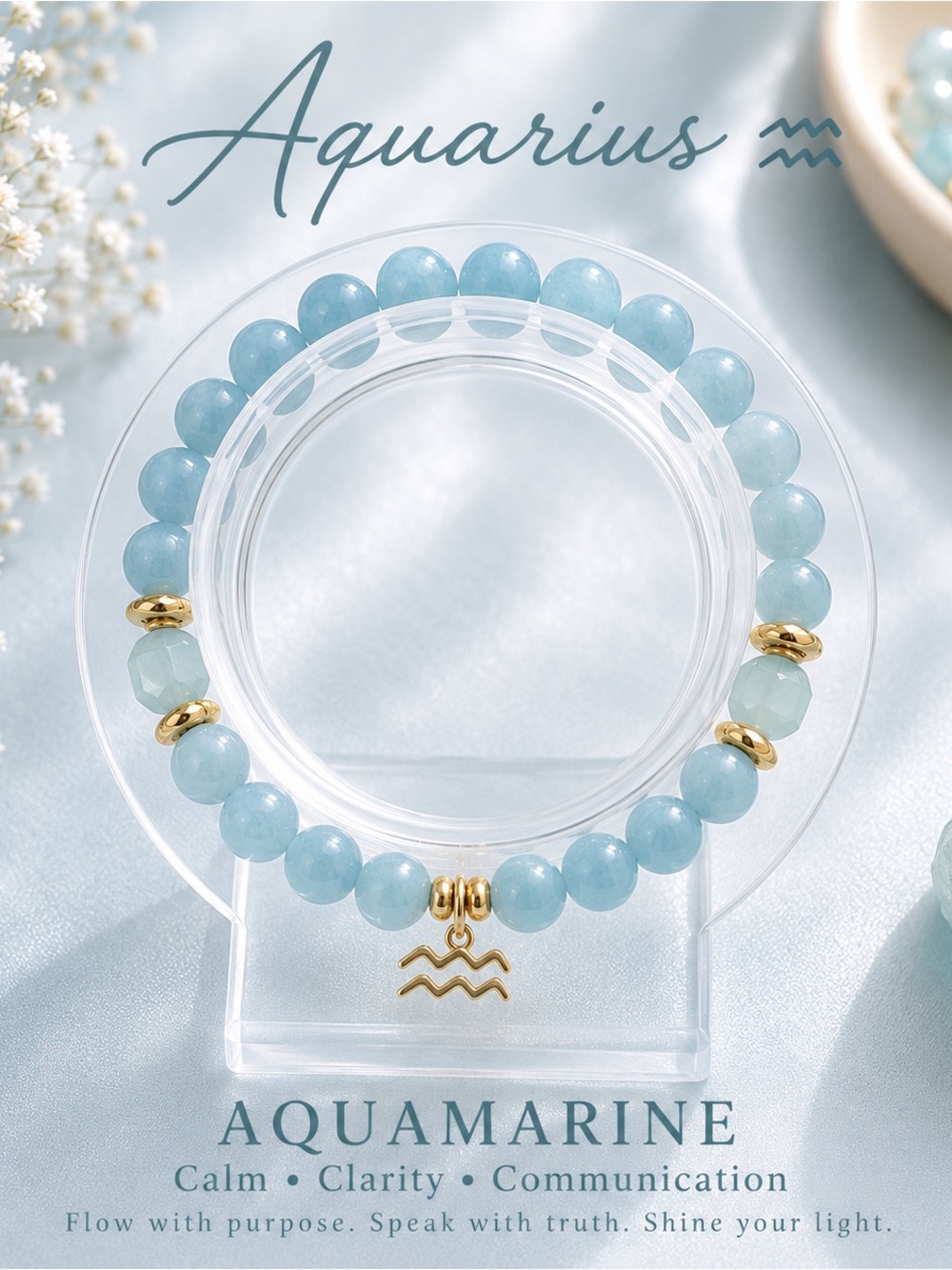 Aquamarine Beaded Bracelet with Aquarius Charm - Light Blue